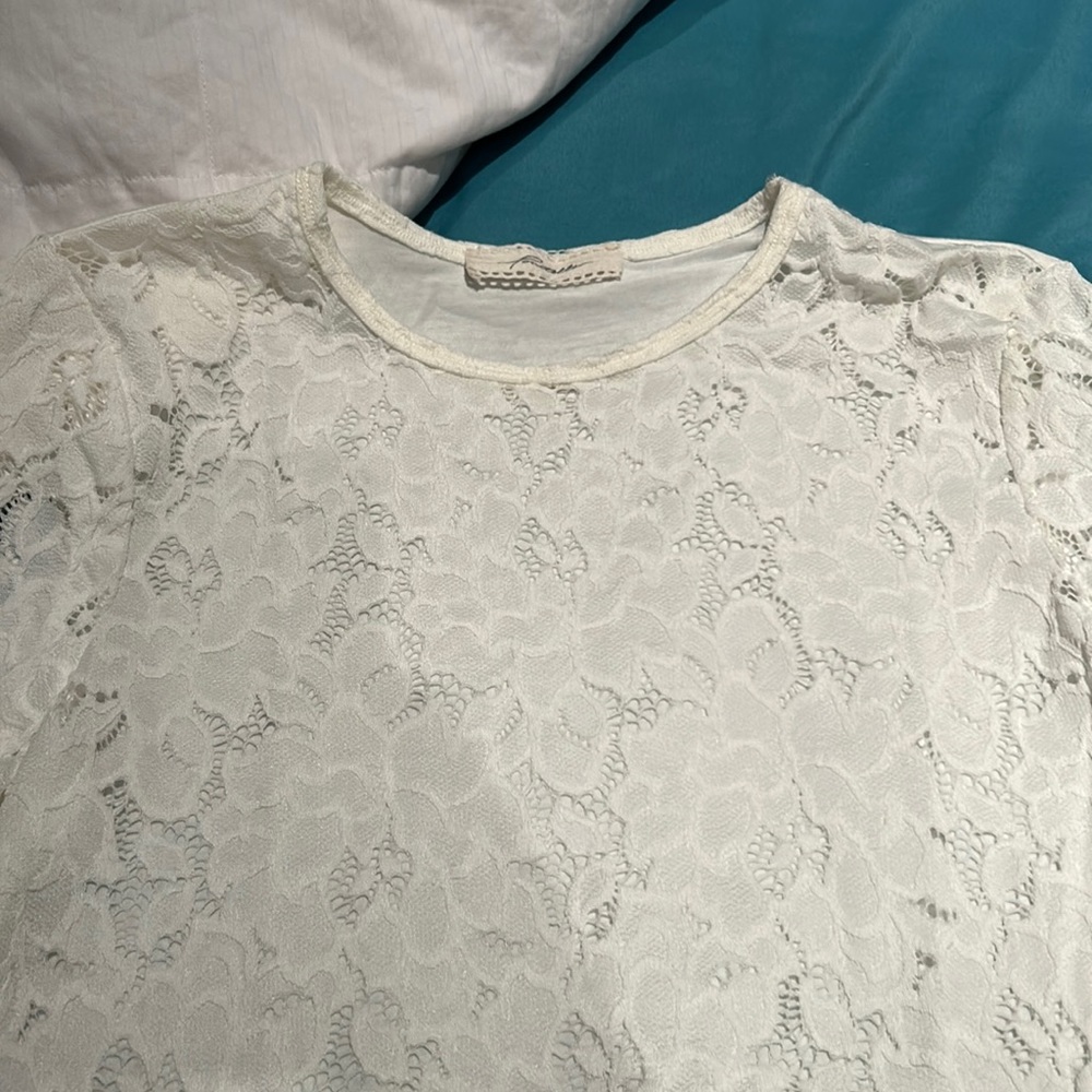 Sheer lace front crew neck long sleeve t-shirt